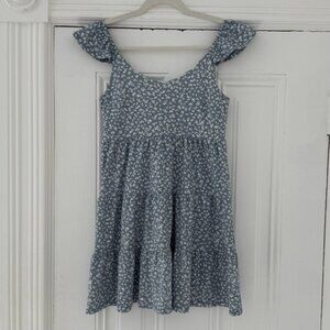 Elegant Blue and White Dress with Floral Design